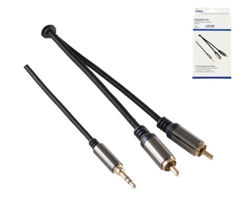 HQ jack to cinch adapter cable, 3.5mm jack plug 3pin to 2x cinch plug, black, DINIC box with Euro hole, length 2.50m
